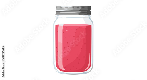 Glass jar filled with fresh red juice on white background