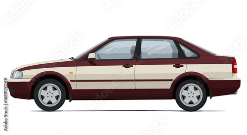 Classic sedan car side view in flat design with burgundy accents