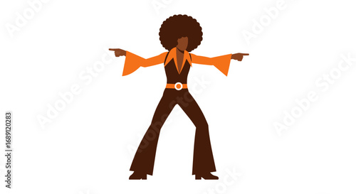 Retro 70s style disco dancer in orange and brown with afro hairstyle