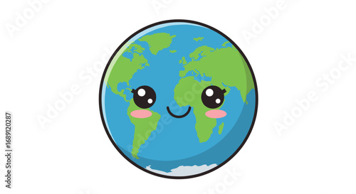Cute earth with smiling face and blushing cheeks on white background