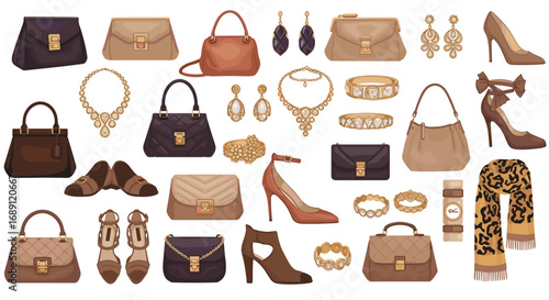 Elegant fashion accessories collection featuring handbags, jewelry, shoes, and scarves