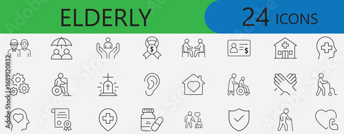 Elderly care icons set for senior health, pension, nursing, wheelchair, hospital, caregiver, medical support, rehabilitation, and retirement