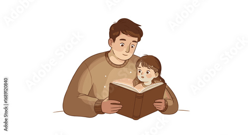 Father and daughter reading together in cozy cartoon style art