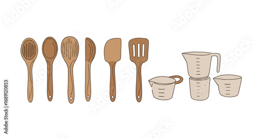 Charming rustic kitchen utensils and measuring cups in soft earth tones