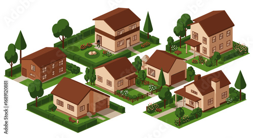 Charming suburban homes: isometric residential neighborhood with lush gardens and trees