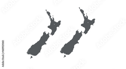 Dual grayscale silhouette maps of new zealand on white background