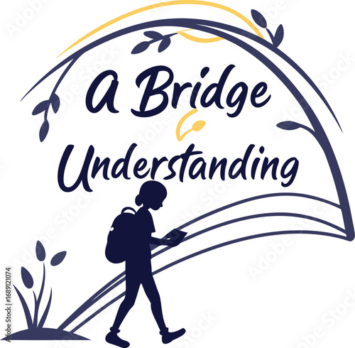 Vector art of a bridge to understanding silhouette of a child with a backpack walking towards knowledge