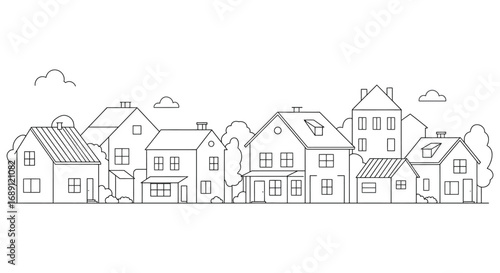 a quaint village scene with houses trees and fluffy clouds