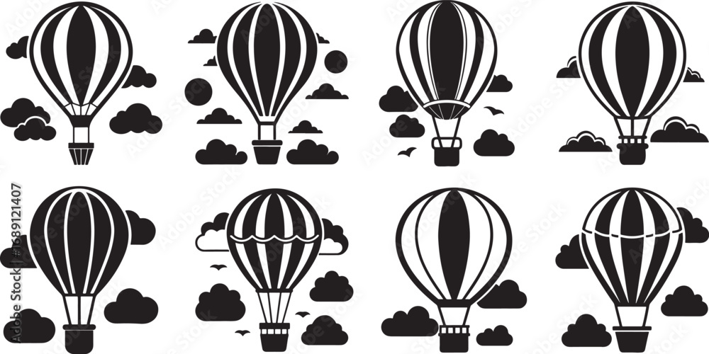 Naklejka premium set of hot air balloon and clouds silhouette, vector and illustration, black and white