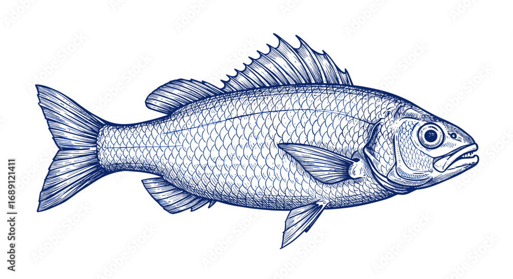 Fototapeta premium Detailed ink drawing of fish with scaled texture and finned details in vintage style