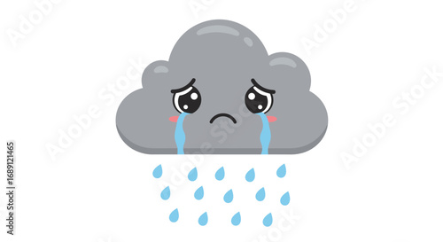 Cute sad cloud with tears and raindrops in cartoon style