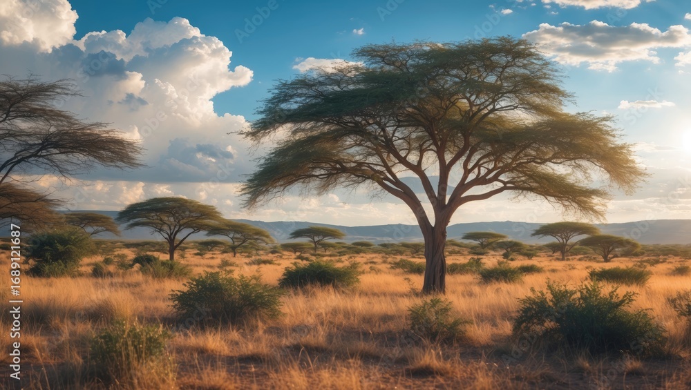 Obraz premium A savannah landscape with acacia trees and dry grass under a partly cloudy sky. Nature and wildlife scene. African landscape.