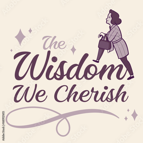 Vector art of the wisdom we cherish logo with a woman and sparkles on a beige background