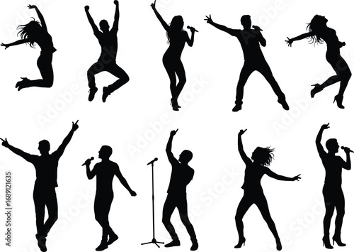 Silhouette of Dynamic Singers and Dancers Performing on Stage, Expressive Concert Poses for Music Event, Dance, and Entertainment Designs