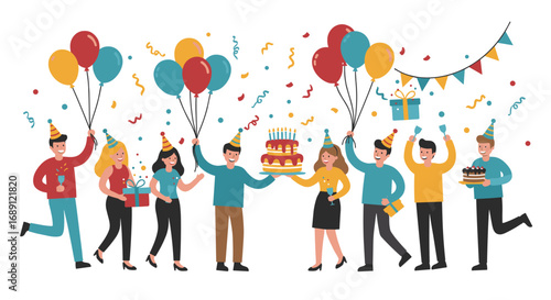 Festive celebration with balloons, cake, and friends in flat design