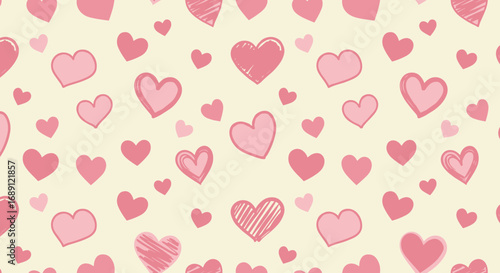 Seamless pattern of pink hearts on cream background for romantic designs