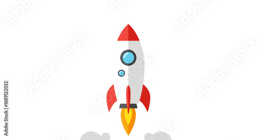 Minimalist rocket launch with red and white design, simple icon on white background