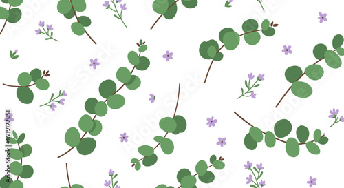 Seamless eucalyptus and purple flower pattern on white background