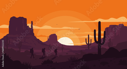 Desert sunset silhouette with cacti and hikers in majestic evening landscape