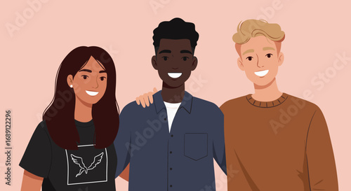 Diverse friends smiling together in flat design on pastel background