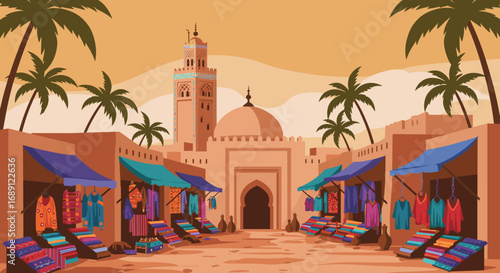 Colorful bazaar with palm trees in front of historic mosque at sunset
