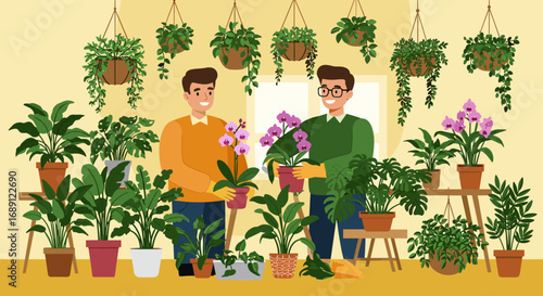 Indoor gardening enthusiasts care for houseplants in cozy home setting