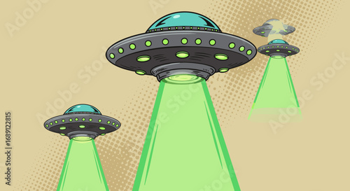 Retro pop art ufo with green beam and dotted background