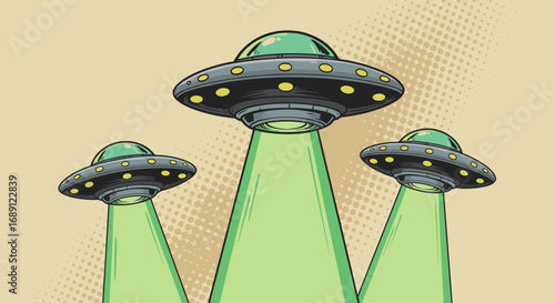 Retro ufos in pop art style with green light beams and halftone background