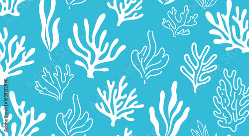 Seamless marine coral pattern on blue background for ocean-themed designs