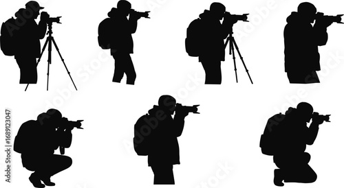 Silhouettes of Photographers Taking Pictures in Various Poses with Cameras and Tripods, Capturing Moments, Outdoor Photography, and Creative Work