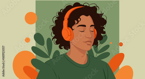 Serene music escape with headphones and nature-inspired abstract art