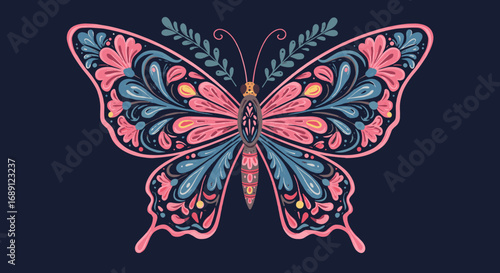 Ornate colorful butterfly with intricate patterns on dark background