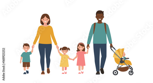 Happy family with two parents and four children walking together