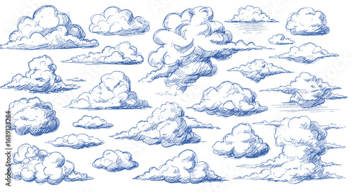 Hand-drawn cloud collection featuring sketchy and whimsical blue ink designs