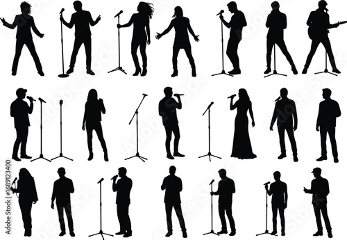 Silhouettes of diverse singers and musicians performing on stage with microphones and guitars, concert live music performance vector illustration.
