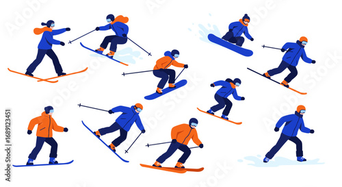 Diverse winter sports enthusiasts in action with skiing and snowboarding in blue and orange outfits