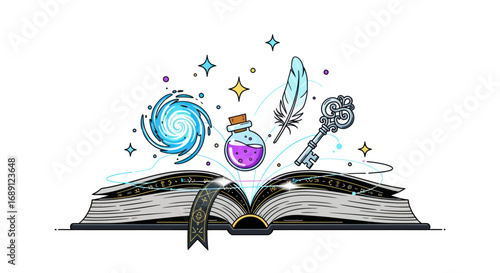 Open Book with Magical Elements - Potion, Key, Feather, and Galaxy.