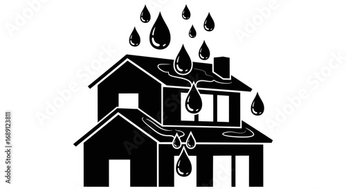 leaking roof icon, house water damage vector, roof leak symbol, home repair graphic, water dripping roof illustration, rain damage house icon, wet roof problem vector, damaged roof pictogram, house le