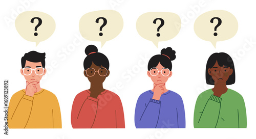 Diverse group of pensive people with question marks in thoughtful expression