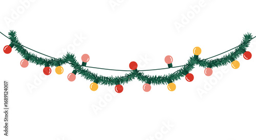Festive holiday lights and garland decoration on a white background