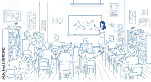 Linear classroom scene with teacher and students learning geometry