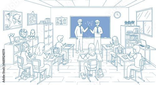 Linear style classroom with teacher and students engaged in math lesson