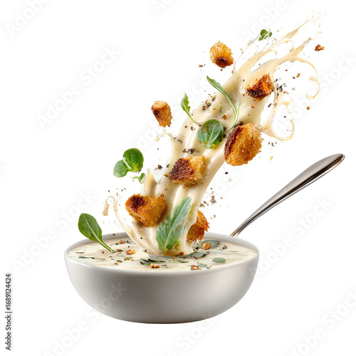 dynamic splash of creamy soup with floating ladle
