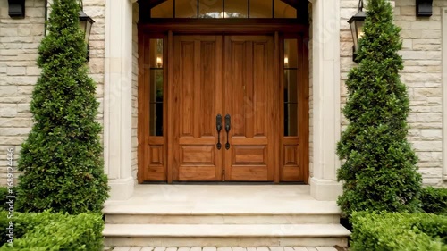 Stunning luxury home entrance with elegant wooden door and landscaped garden inviting you inside for a tour of modern living spaces