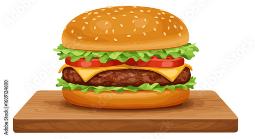 Delicious cheeseburger on wooden board with lettuce and tomato