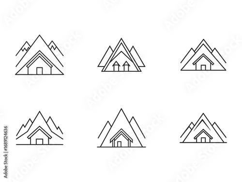 Mountain and Cabin Minimalist Line Art Logos Set with Peak and House Designs for Adventure and Nature Brands