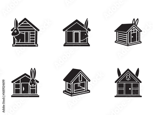 Monochrome Set of Rabbit Hutch Icons Variety of Designs for Pet Shelter and Animal Care