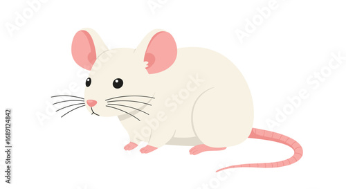 Cute cartoon mouse with pink ears and tail on white background