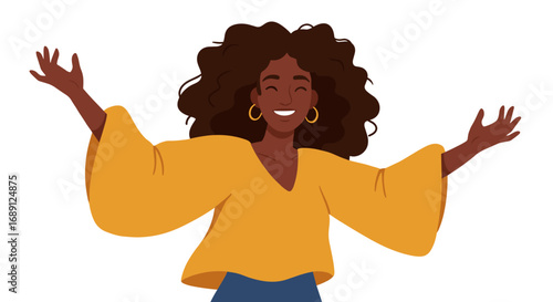 Joyful woman celebrating with open arms in casual fashion