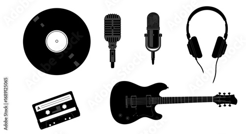 Retro music icons set featuring vinyl, cassette, microphones, and guitar silhouette